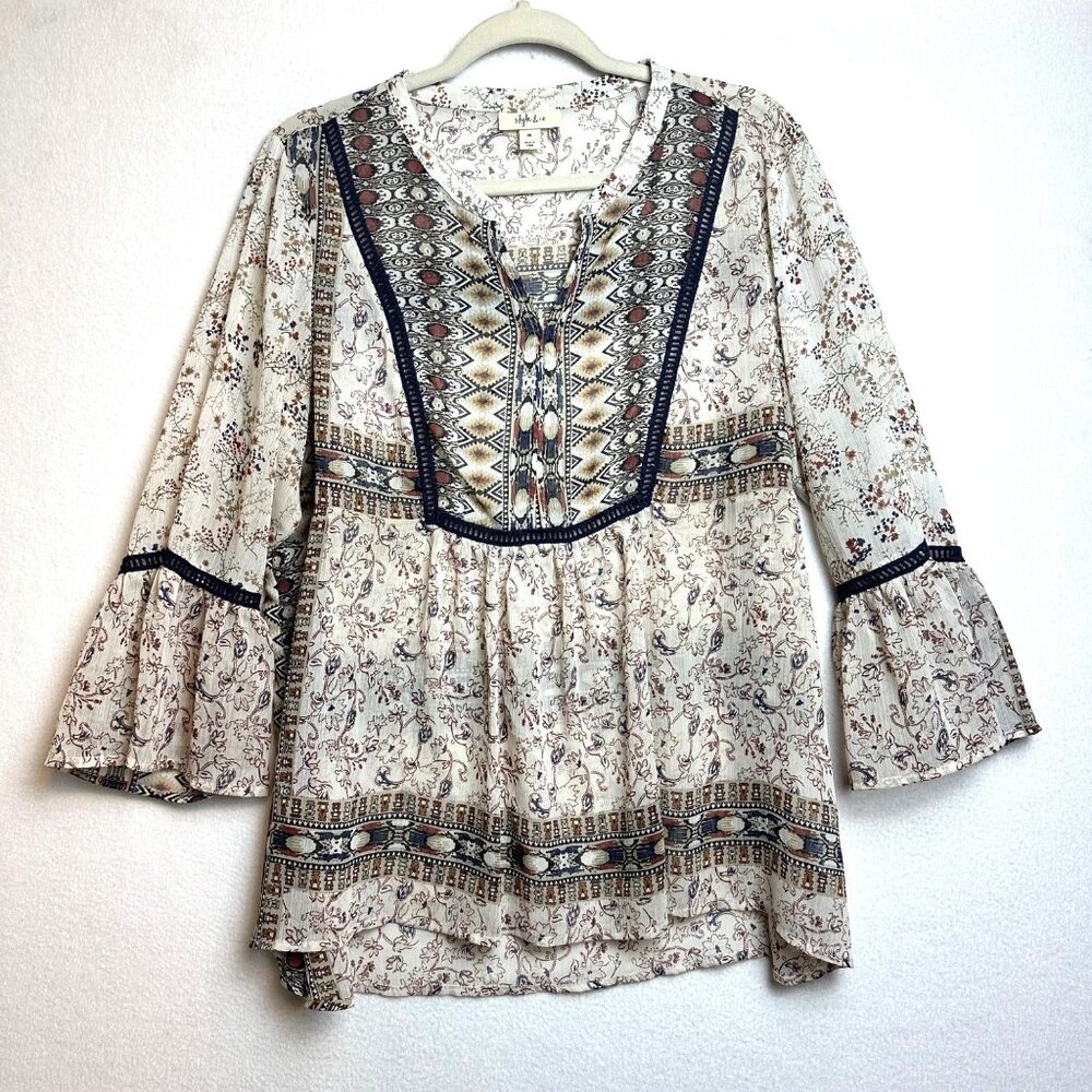 Style & Co Boho Hippie Sheer Womens XL Blouse Resort Fairy Prairie Whimsy Floral